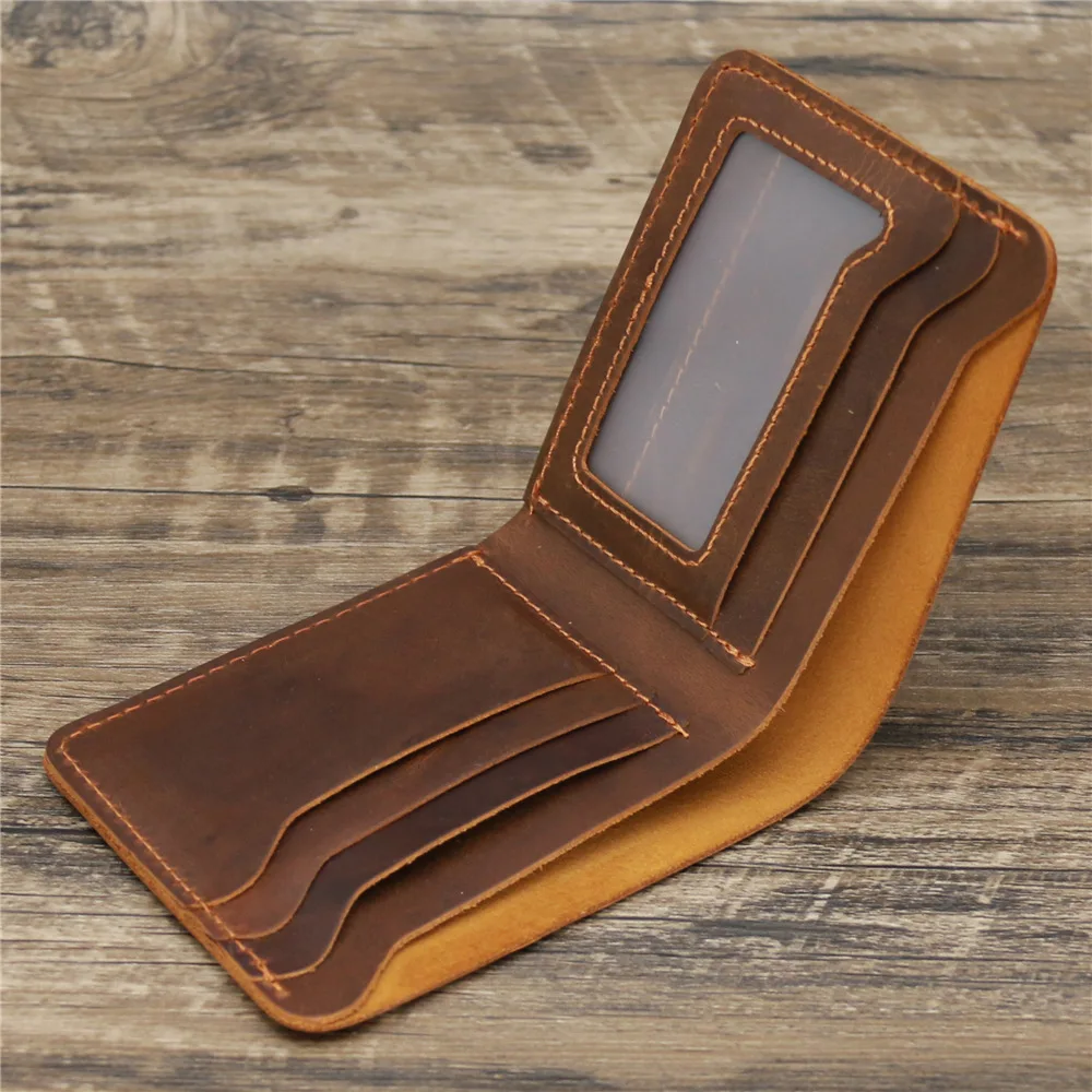 Simple Style Handmade Crazy Horse Real Leather Men Short Bifold Wallet With Clear Id Windo